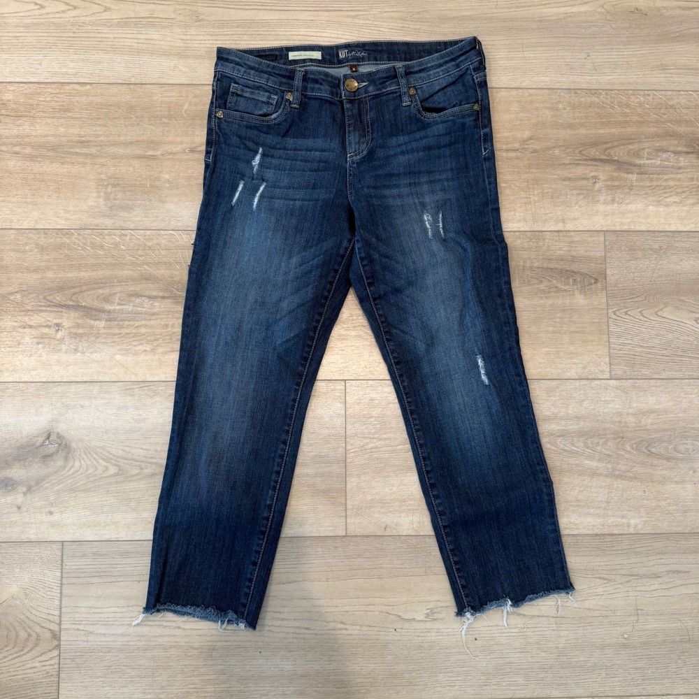 KUT from the Kloth Cameron Straight Leg Jeans Dark Wash Raw Hem Distressed 8 EUC